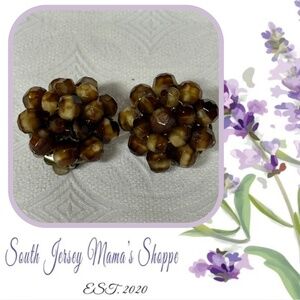 Vintage West Germany Hand Beaded Root Beer Color Glass Clip Earrings